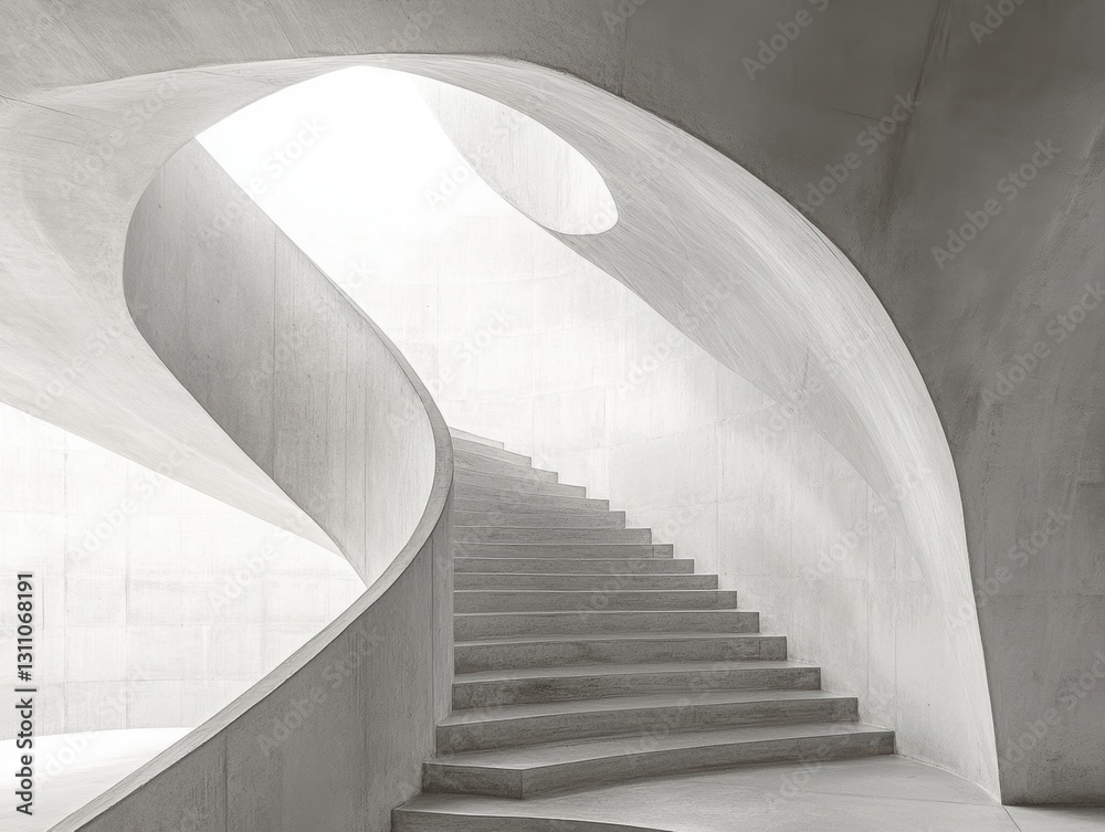 Fototapeta premium Ascending Curve: A stunning architectural marvel, showcasing a gracefully curving staircase that ascends toward the light, symbolizing progress and ambition, photographed in grayscale.