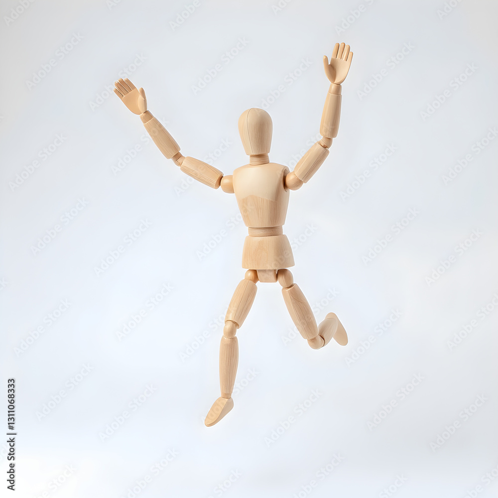Wooden mannequin jumping in the air on a white background Wooden mannequin jumping in the air on a white background