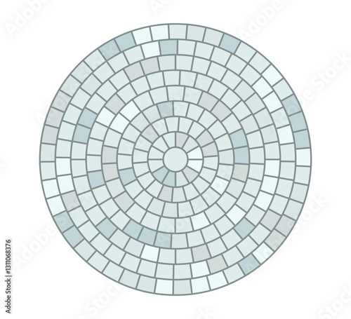 Paved circle pattern tile. Circular brick mosaic. Round radial stone pavement. Paving tile simple floor texture. Blue stones. Vector illustration isolated on white background.