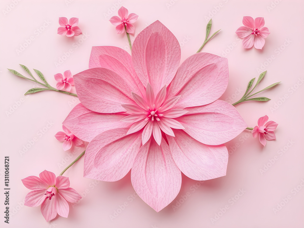 Beautiful pink flower on pink background. Flat lay, top view Beautiful pink flower on pink background. Flat lay, top view