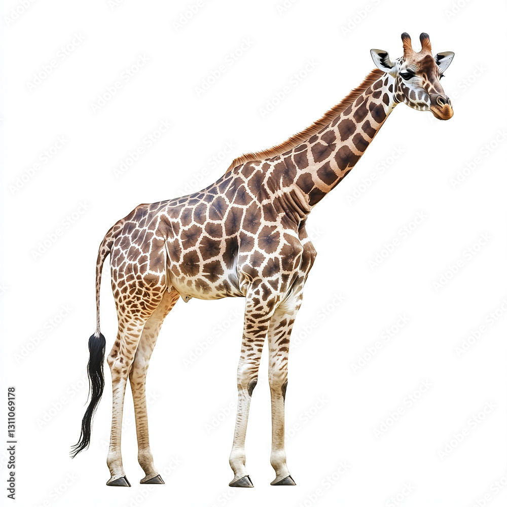 Naklejka premium Giraffe isolated on white background, standing tall and majestic