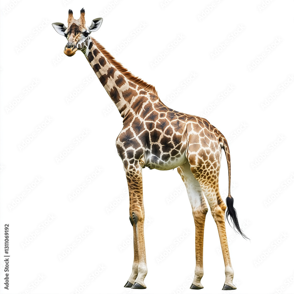 Naklejka premium Giraffe standing on white background, showcasing its unique pattern