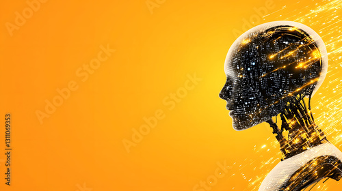 A futuristic robot silhouette against an orange background, symbolizing artificial intelligence and technological advancement