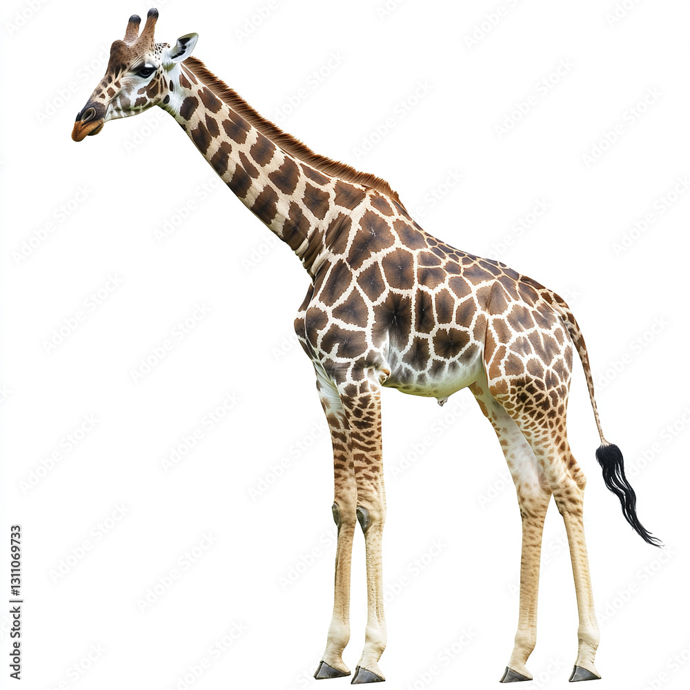 Obraz premium Giraffe standing on white background, showcasing its unique pattern