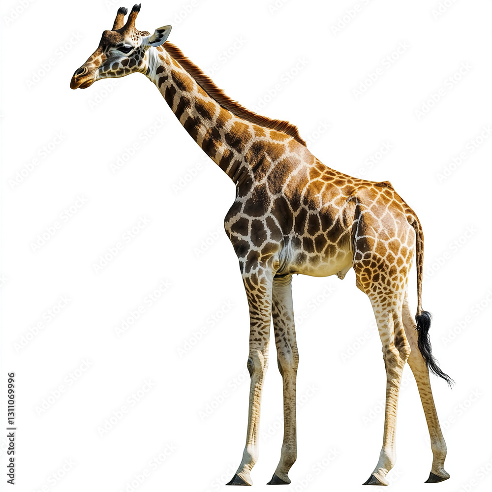 Fototapeta premium Giraffe standing on white background, showcasing its unique pattern