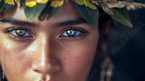 A warrior has gleaming eyes, a firm face, a chiseled face, and a skin that ma...