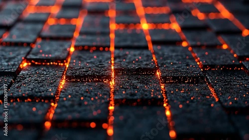 Glowing lava texture on dark surface with luminous particles and grid pattern creates mesmerizing visual effect.