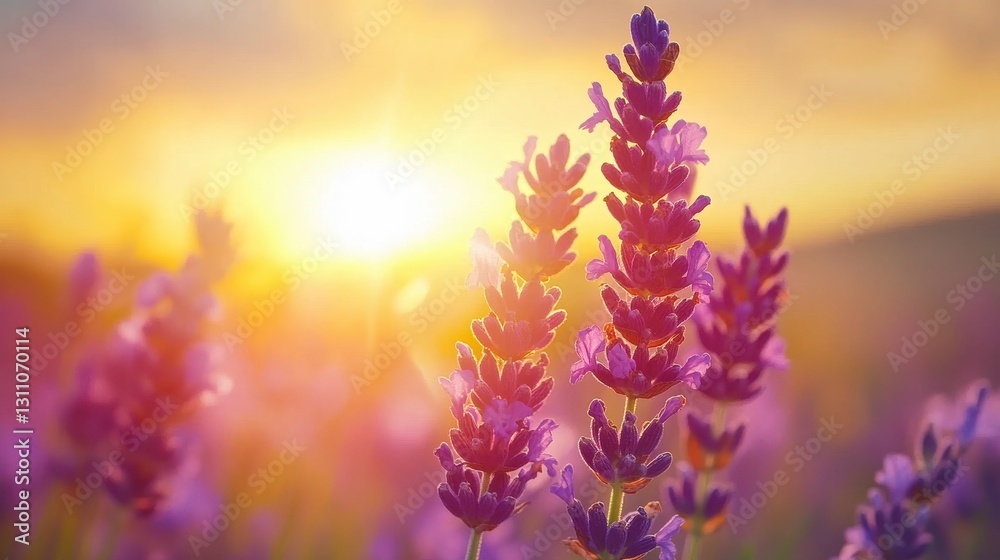 Naklejka premium Lavender flowers at sunset in Provence, France. Macro image. Beautiful summer nature background