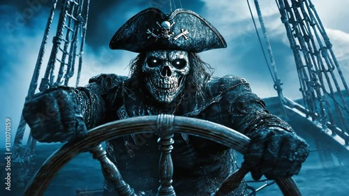 The Spectral Captain: A chilling portrayal of a skeletal pirate at the helm of his ghostly vessel during a tempestuous night.
