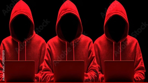 Three hooded figures in red evoke mystery and intrigue while using laptops in dark setting, symbolizing cybercrime and hacking.