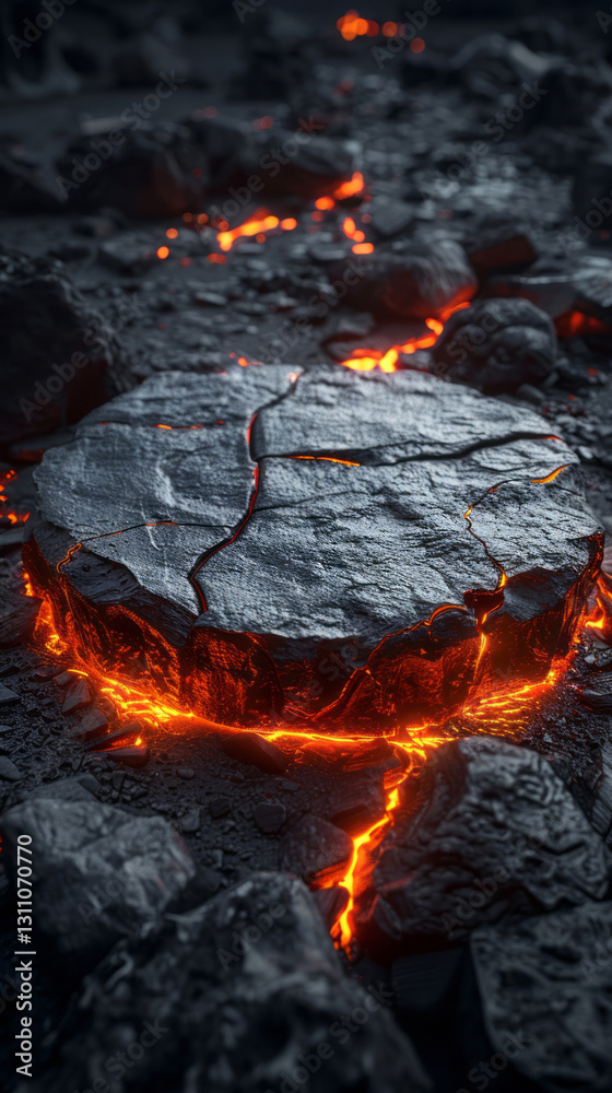 A round stone table with lava flowing around it, surrounded by black rocks, set against a dark environment. A round stone table with lava flowing around it, surrounded by black rocks, set against a dark environment.