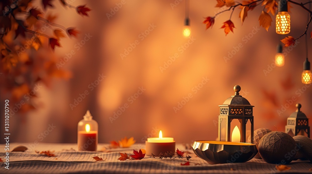 Fototapeta premium Autumnal Serenity: Candles, Lanterns, and Warm Lighting