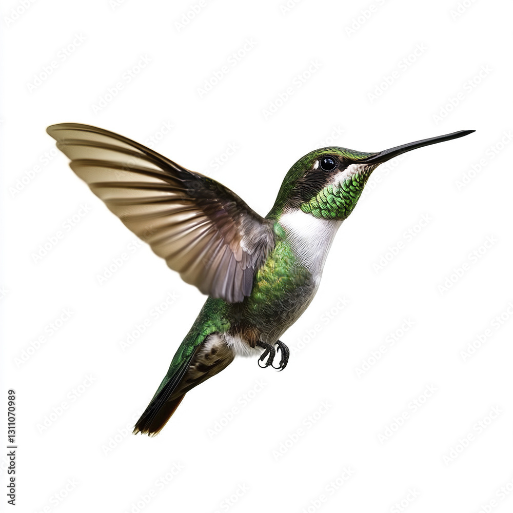 Obraz premium Hummingbird in flight with vibrant green feathers on white background