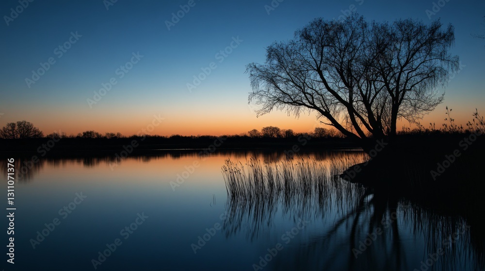 Sunsets Over Calm Water with Tree Silhouette and Long Shadows