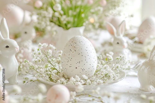 Easter table decor with white speckled egg, ceramic bunny figurines, small white flowers. Festive spring holiday arrangement. photo