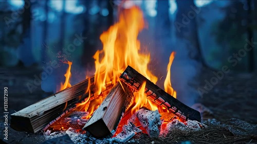 Vibrant Campfire Flames Dance Around Wood Logs, Creating Warmth in Forest for Outdoor Gatherings