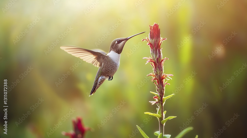 Fototapeta premium Hummingbird hovering near sunlit flower with wings spread