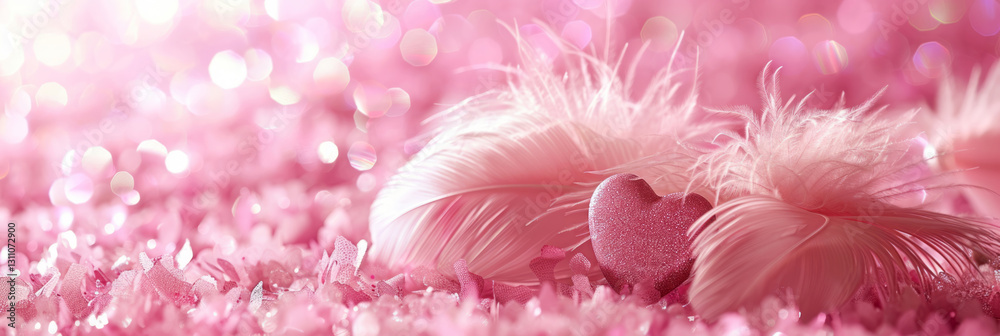 A pink background features fluffy feathers and two heart-shaped objects in the foreground, creating a romantic atmosphere for Valentine's Day. A pink background features fluffy feathers and two heart-shaped objects in the foreground, creating a romantic atmosphere for Valentine's Day.