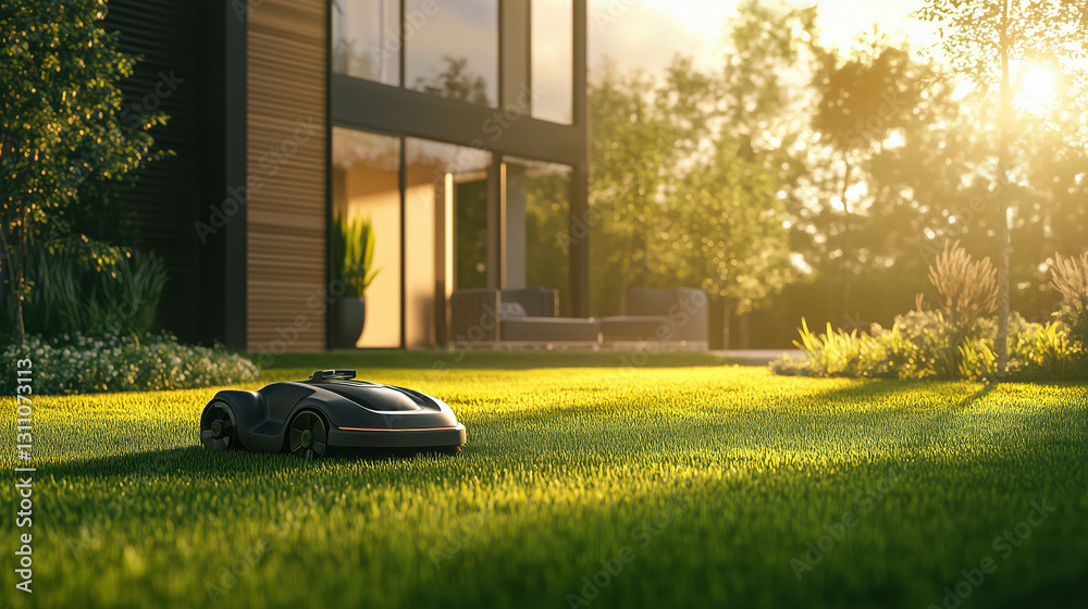 Automatic robotic lawn mower on a green lawn with modern house in background. Grass lawn mower robot in sunny summer day. Robotic lawn mower cutting grass in a well-maintained garden.