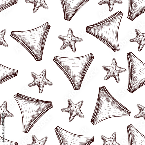 hand drawn seamless pattern with bikini bottoms and starfish in vintage style