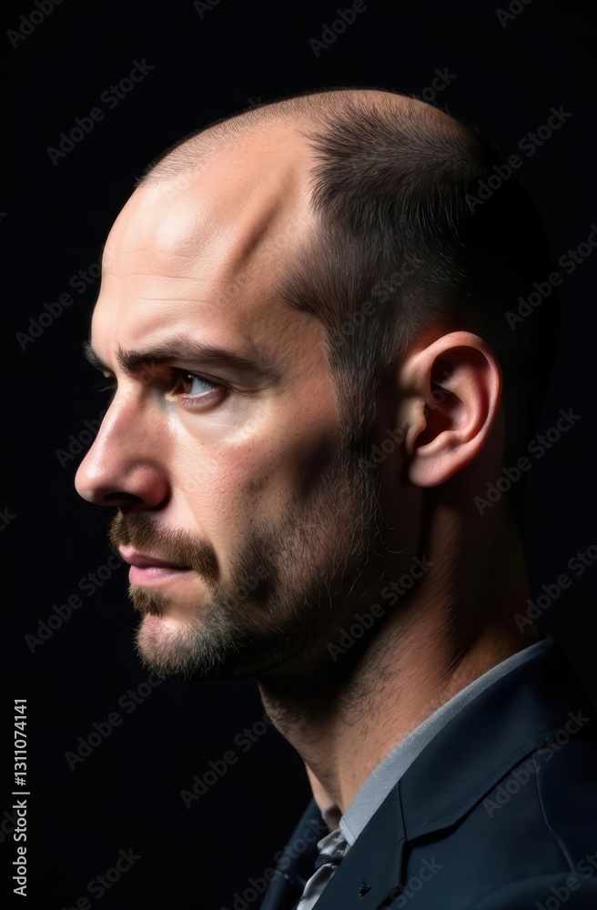 Businessman with receding hairline showing his profile on black background Businessman with receding hairline showing his profile on black background