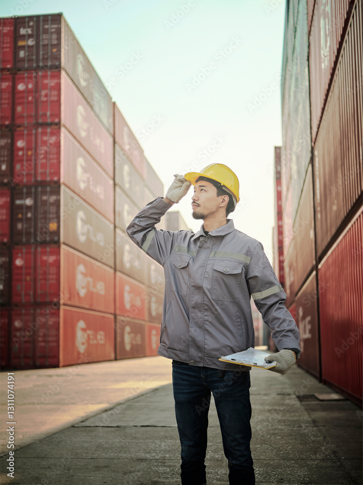 Engineer standing at container cargo yard , Success at work.