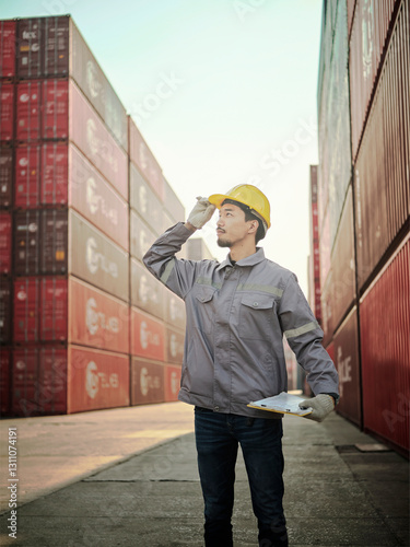 Obraz na płótnie Engineer standing at container cargo yard , Success at work. w salonie