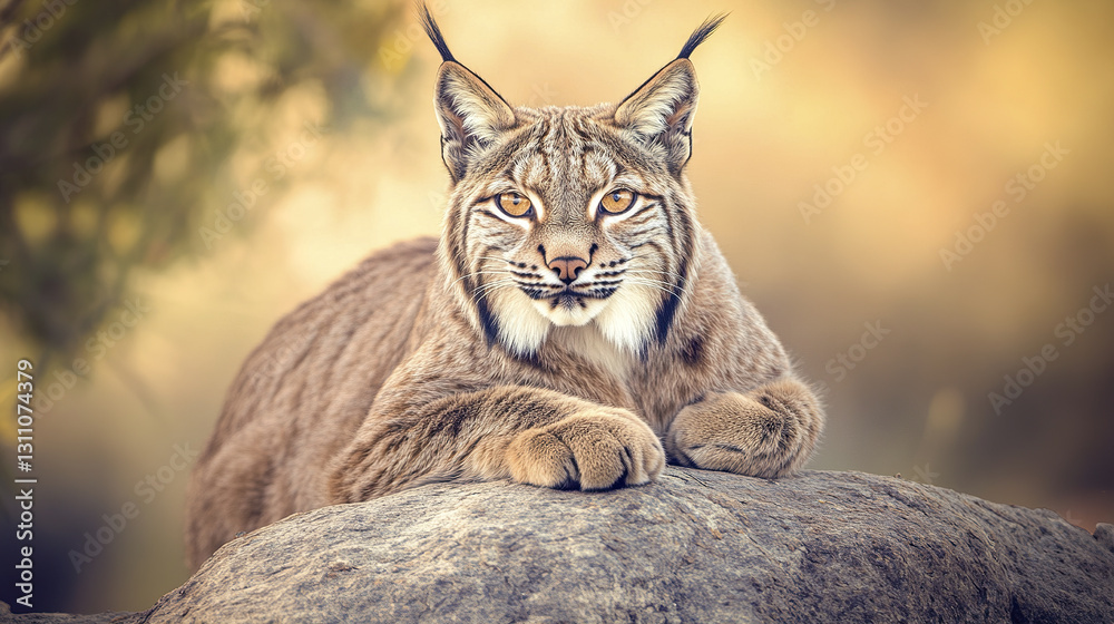 Obraz premium Iberian lynx resting on rock with focused amber eyes