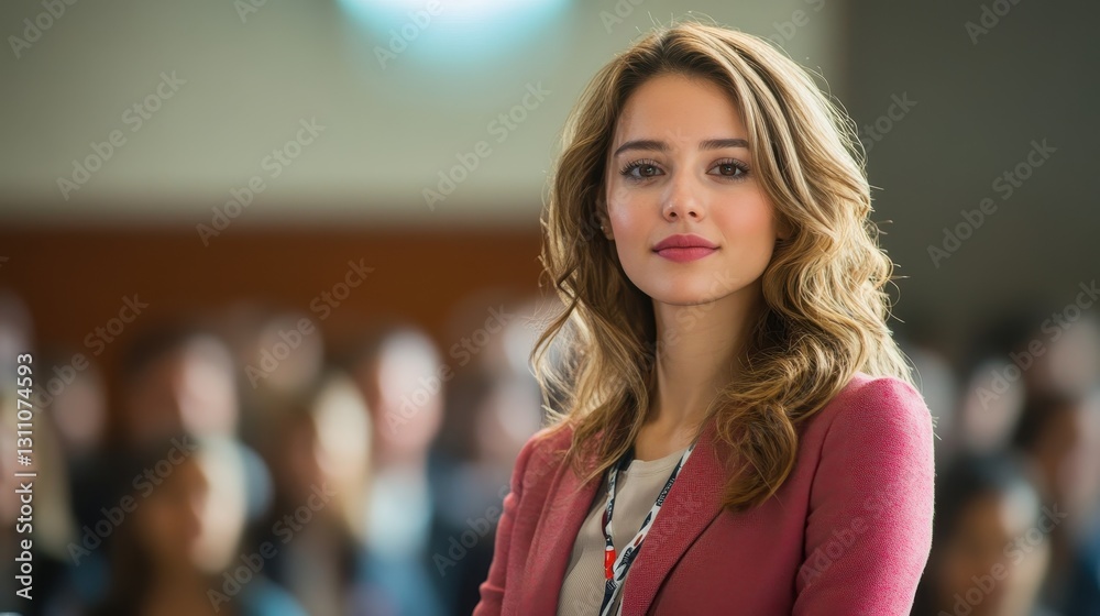Obraz premium Confident young hispanic female professional in a business conference setting