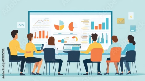 Training and development concept, business team analyzing income charts and graphs with supervisory management, professional development, trainer, plan and career transition icon on virtual screen. 