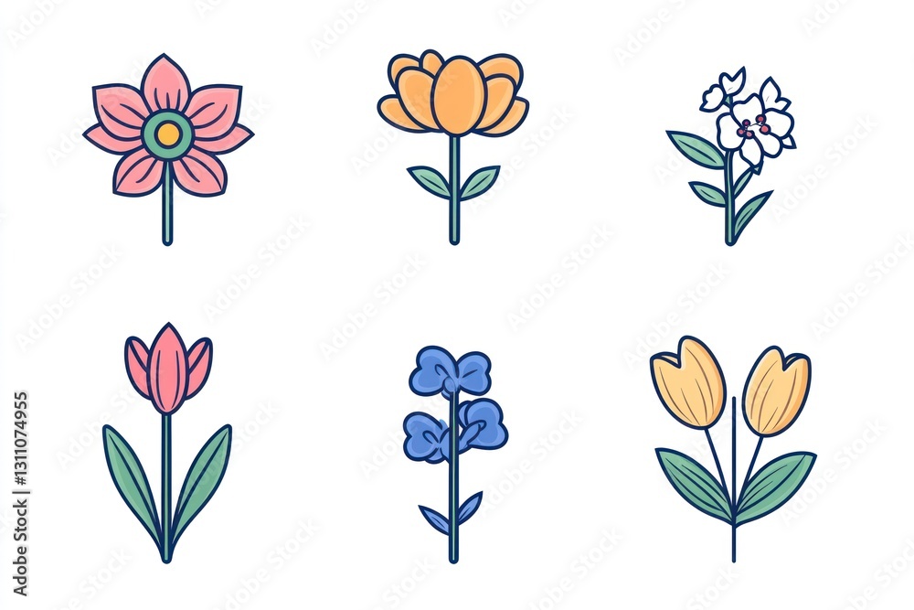 Fototapeta premium Colorful flower icons; spring bloom; white background; graphic design