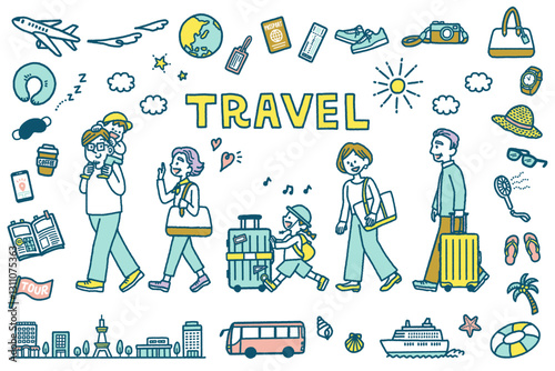 三世代　家族　旅行　イラスト　旅行アイコン　セット　シンプル