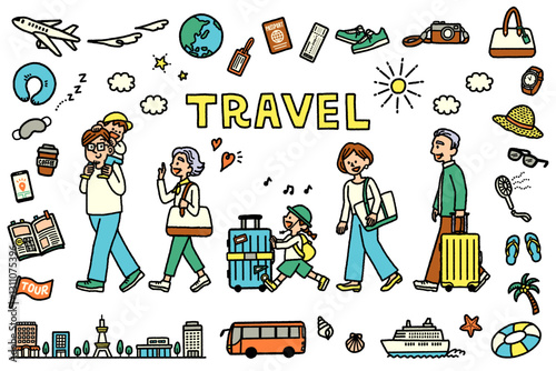 三世代の家族が楽しそうに旅行に行くイラストと旅行アイコンのセット　手書き