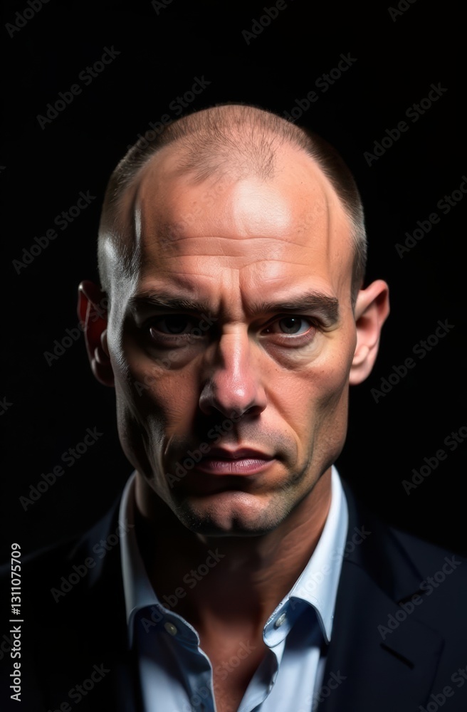 Serious businessman showing assertiveness on dark background