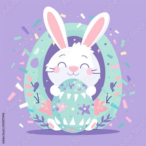 Easter Bunny Holding Oversized Decorated Egg in Flat Vector Style, Lavender and Mint Color Blocks, Geometric Flower Patterns, Confetti Explosion Background, Perfect for Spring Holiday Designs.
