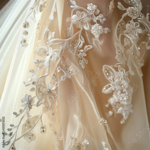 A Closer Look at the Bride's Dress: Intricate Embroidery and Luxurious Fabric Details, white wedding dress