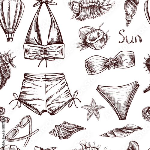 hand drawn seamless pattern with beachwear, seashells and tropical elements in vintage style