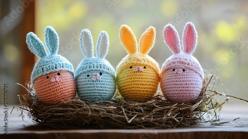 Four cute crochet Easter eggs, wearing rabbit ears, comfortably lying in a nest on a wooden table, celebrating Easter and holidays.