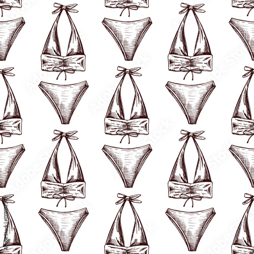 hand drawn seamless pattern with bikini top and bottoms in vintage style