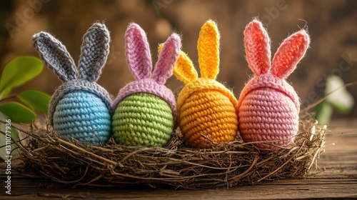 Four cute crochet Easter eggs, wearing rabbit ears, comfortably lying in a nest on a wooden table, celebrating Easter and holidays.