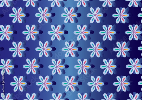 Illustration of a multi-colored floral fabric pattern arranged in a gradient blue background with shadows.