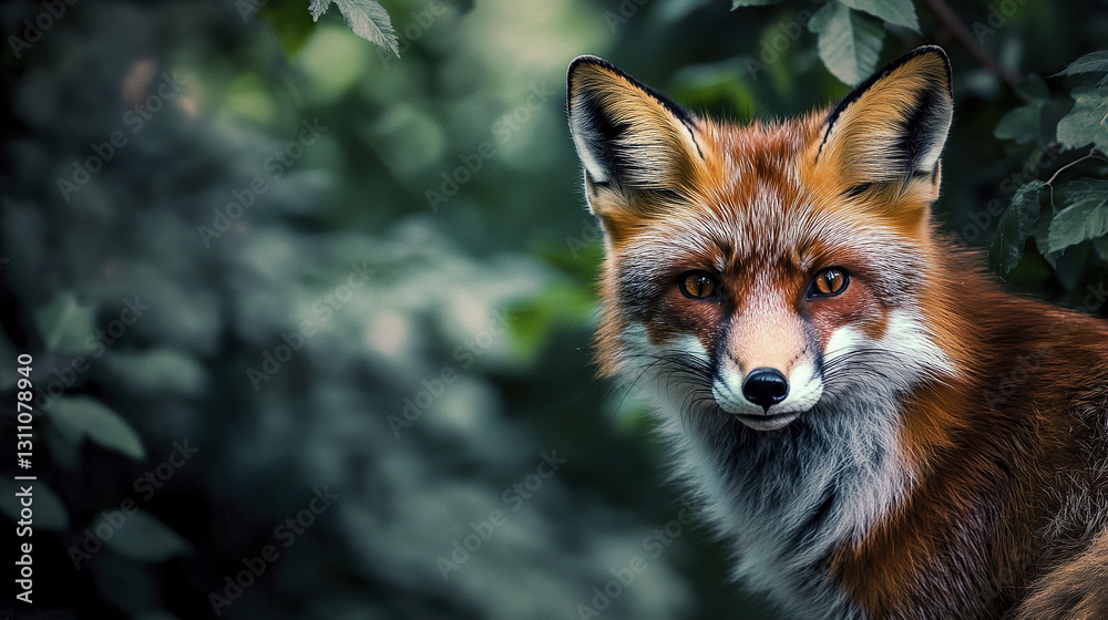 Intense fox portrait with deep contrast and thick fur in forest setting Intense fox portrait with deep contrast and thick fur in forest setting