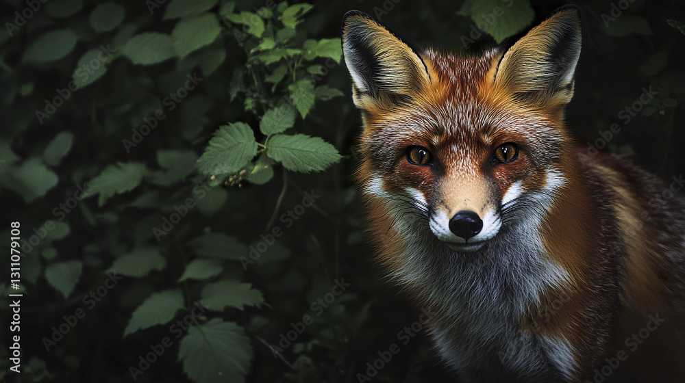 fox with intense gaze and thick fur in forest setting fox with intense gaze and thick fur in forest setting