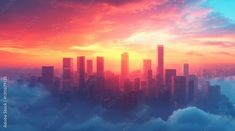 Fototapeta premium World tourism day concept: abstract view city on twilight color sky and clouds cityscape background. future.