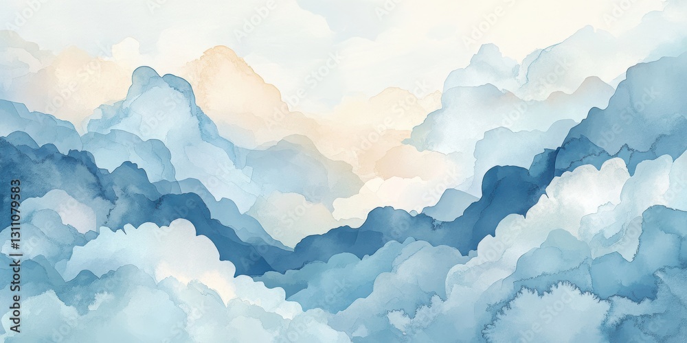 Fototapeta premium Mountains in watercolor: Abstract watercolor painting of layered mountains, depicting a dreamy landscape with soft hues and a tranquil ambiance. Capturing the essence of nature's serenity.