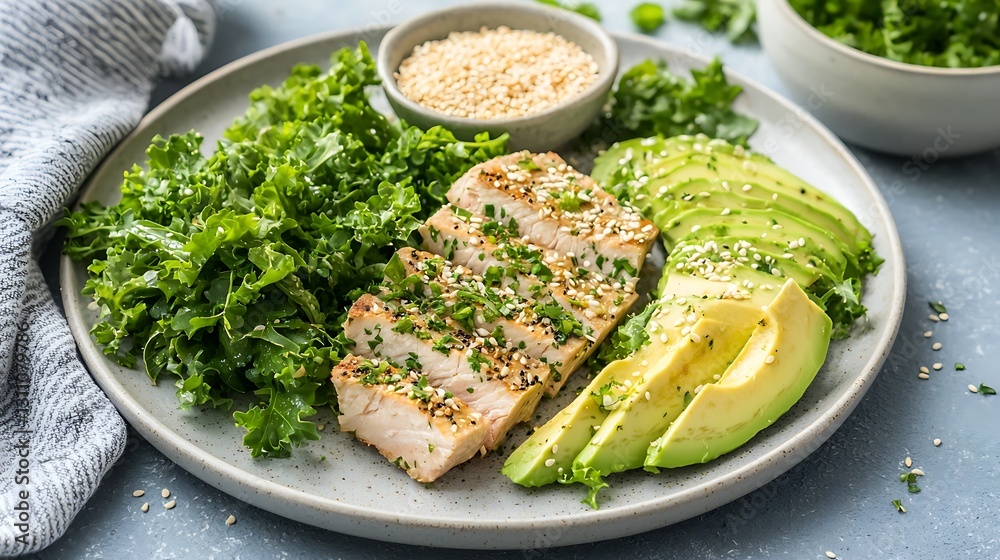 Nutritious grilled chicken salad with avocado and fresh greens for your home kitchen Nutritious grilled chicken salad with avocado and fresh greens for your home kitchen