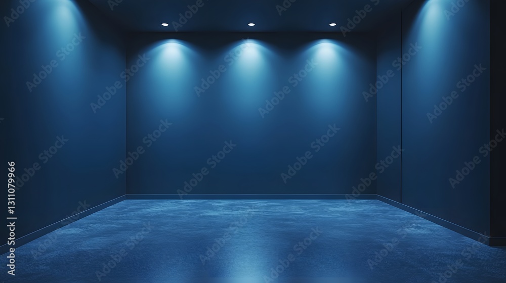 Dark Blue Room with Three Spotlights Illuminating Empty Space