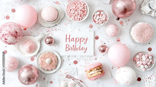 Delightful birthday celebration party venue food decor pink-themed atmosphere overhead view joyful moments photo
