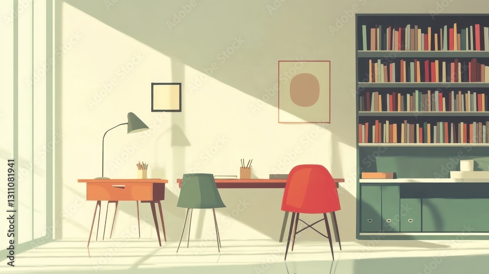 Cozy home office with sunlight and bookshelves Cozy home office with sunlight and bookshelves