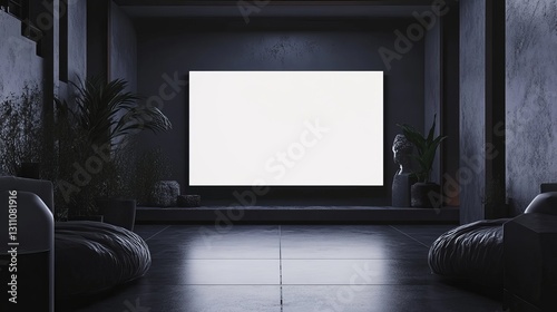 A 3D-rendered dark room interior with a blank white TV screen, presenting a widescreen mockup for cinema or video viewing photo